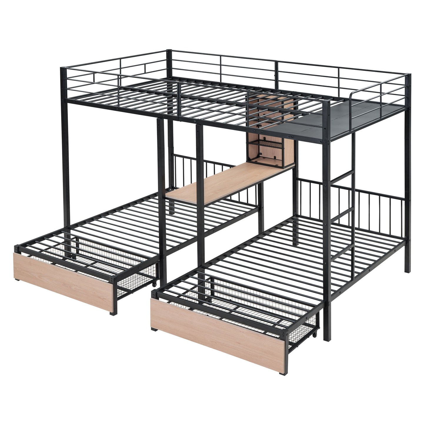 Triple Bunk Bed With Drawers, Multi-Functional Frame With Desks And Shelves In The Middle