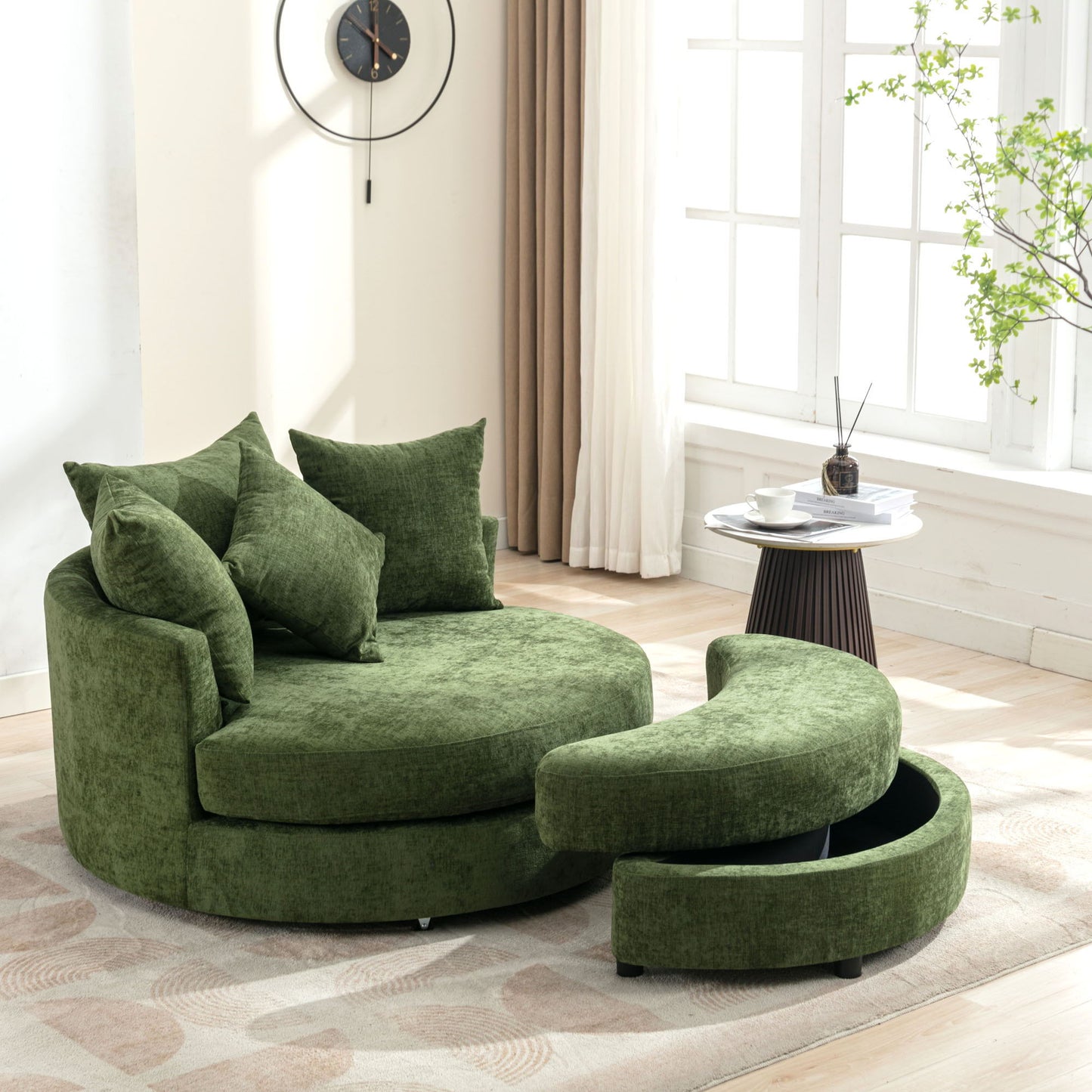 360° Swivel Accent Barrel Chair With Storage Ottoman & 4 Pillows, Modern Leisure Chair Round Accent For Living Room