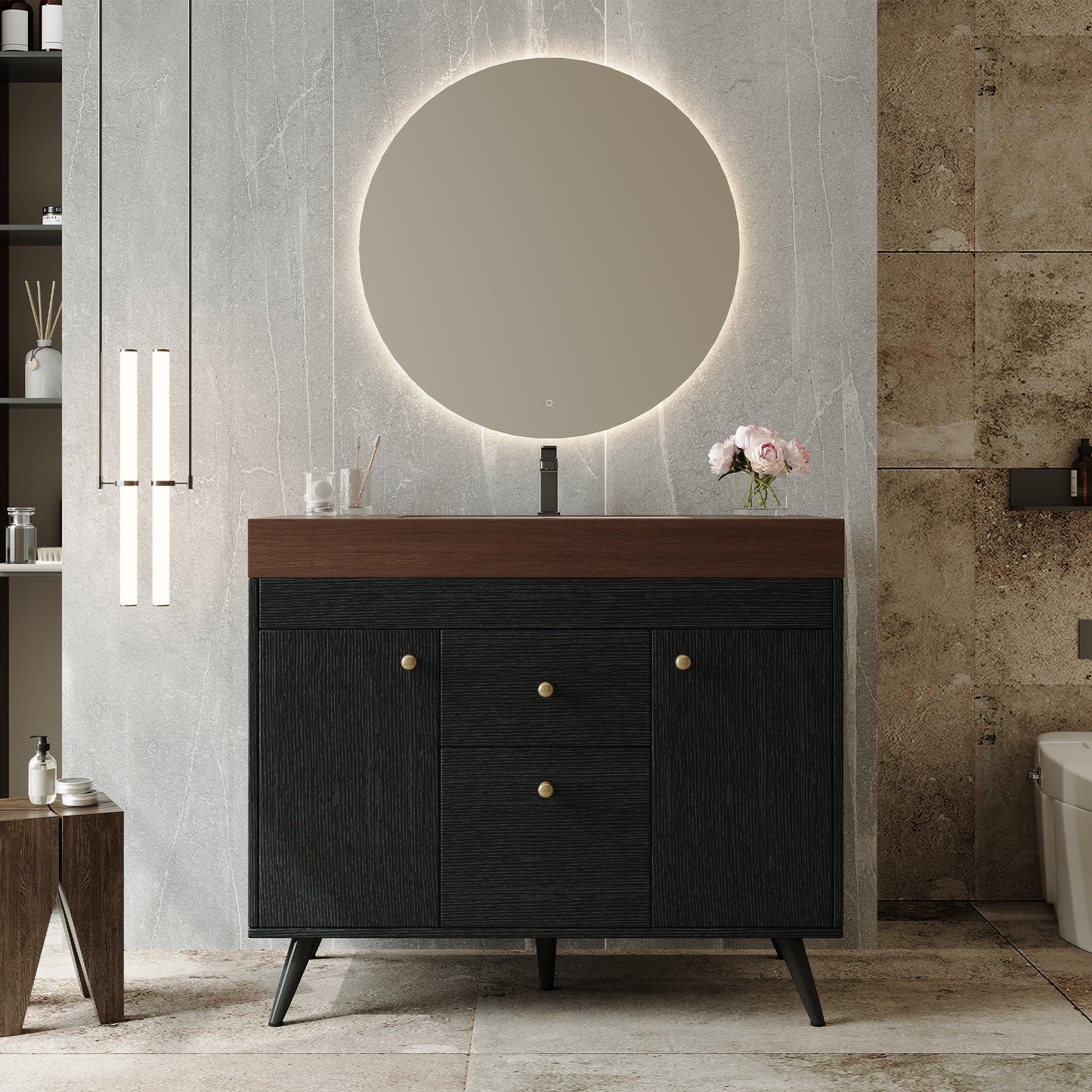 36" Modern Freestanding Bathroom Vanity with Sintered Stone Top, Ceramic Sink & Smart Storage