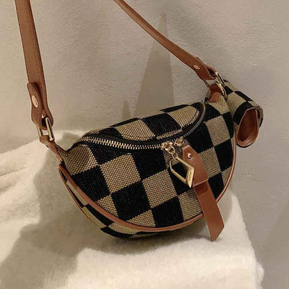 Checkerboard Canvas Crossbody Bag - 2-in-1 Compact Chest Bag & Fanny Pack with Earphone Storage