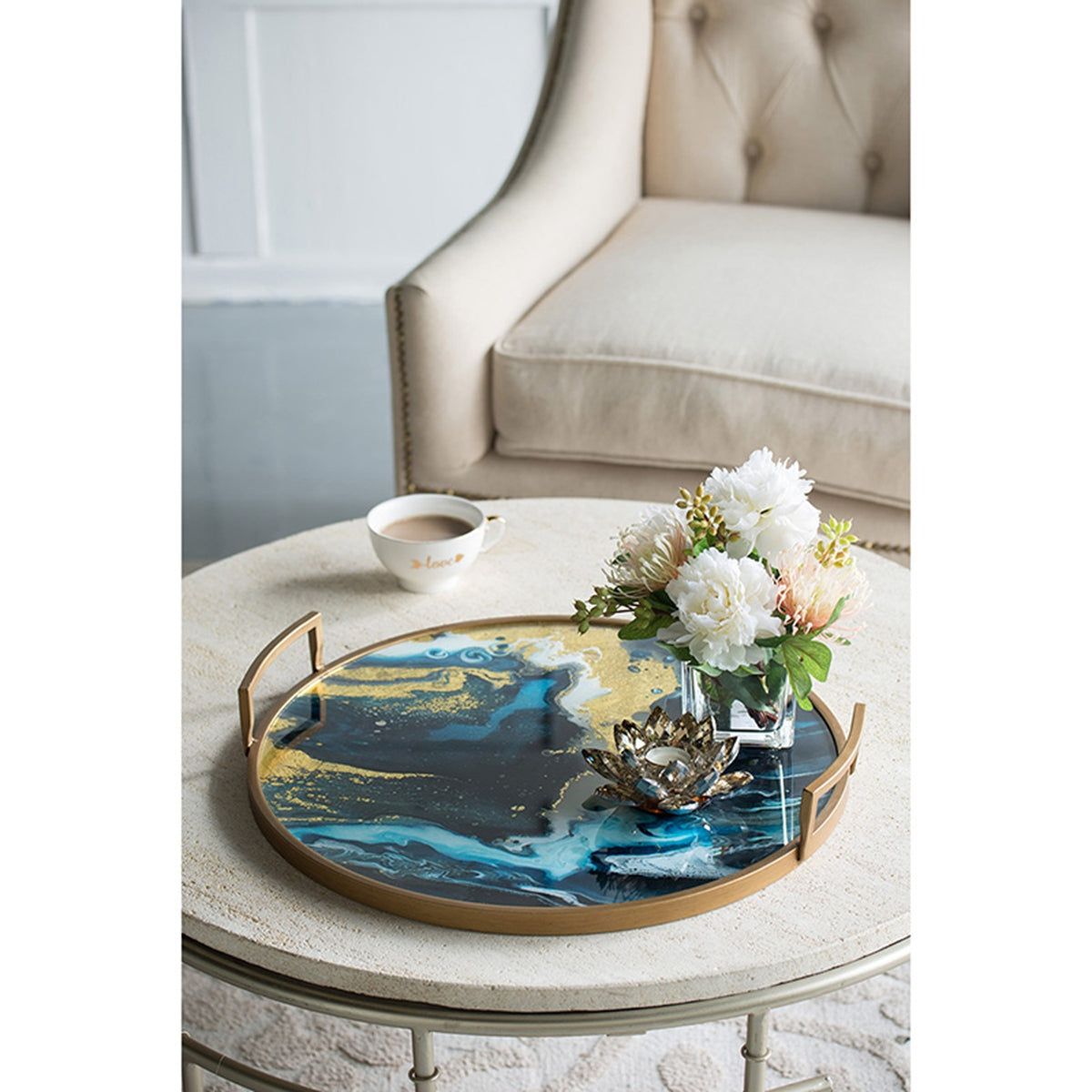 20.9x20.1x3.1" Round Accent Mirrored Tray with Handles