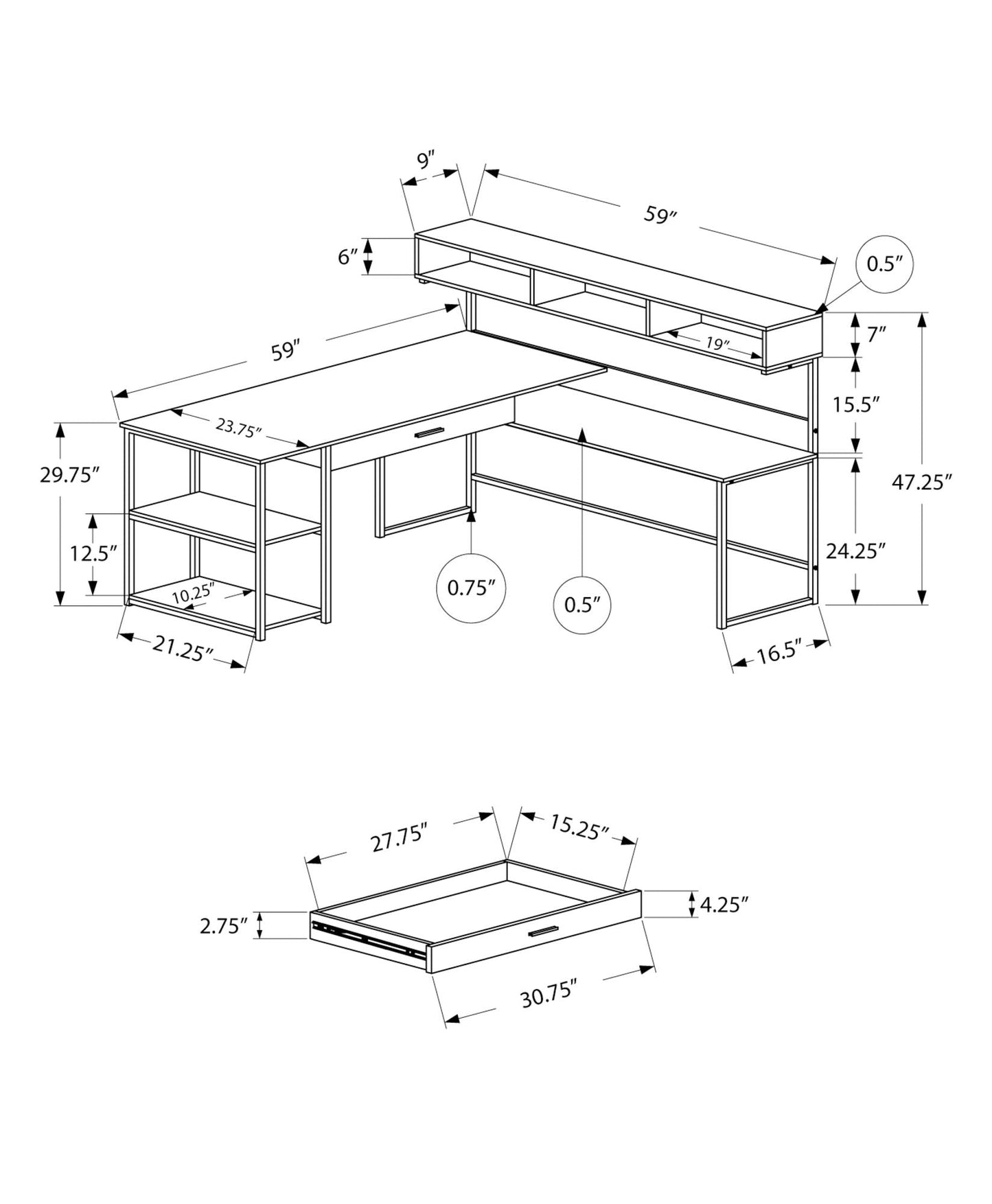 L-Shaped Corner Computer Desk with Storage Drawers