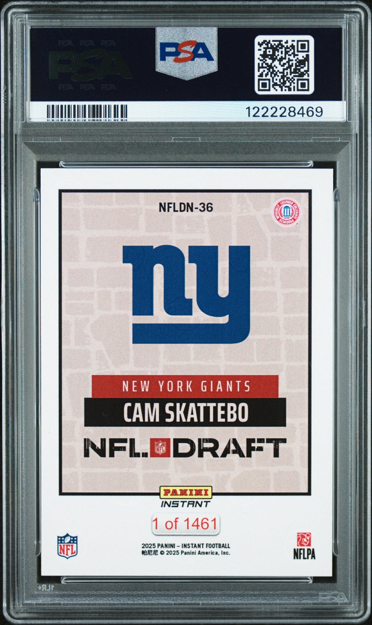 Graded 2025 Panini Instant Cam Skattebo #NFLDN36 NFL Draft Night Rookie RC Football Card PSA 9 Mint
