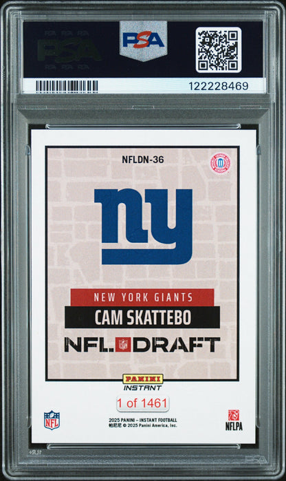 Graded 2025 Panini Instant Cam Skattebo #NFLDN36 NFL Draft Night Rookie RC Football Card PSA 9 Mint