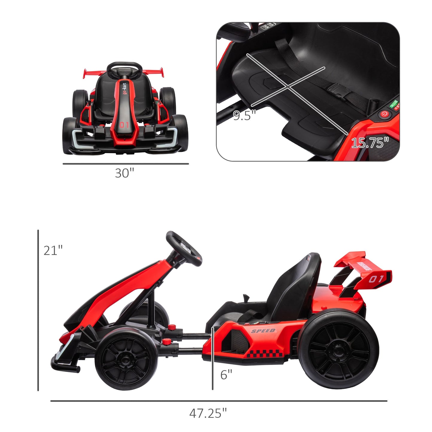 Adjustable Seat Electric Go Kart with Slow Start - 24V, 7.5 MPH