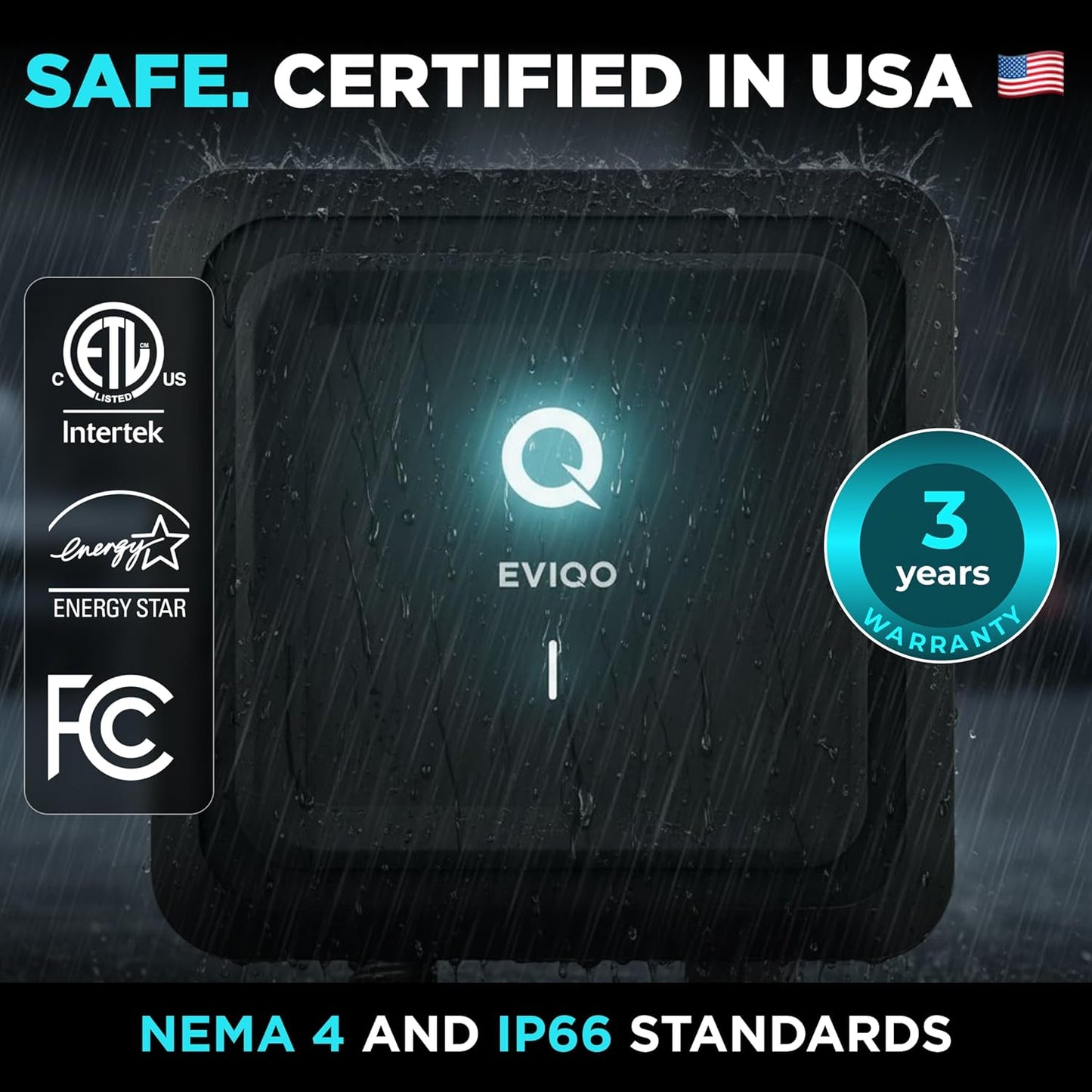EVIQO Level 2 EV Charger, 40A (9.6kW), 240V, NEMA 14-50 Plug-in, J1772 for Non-Tesla EVs