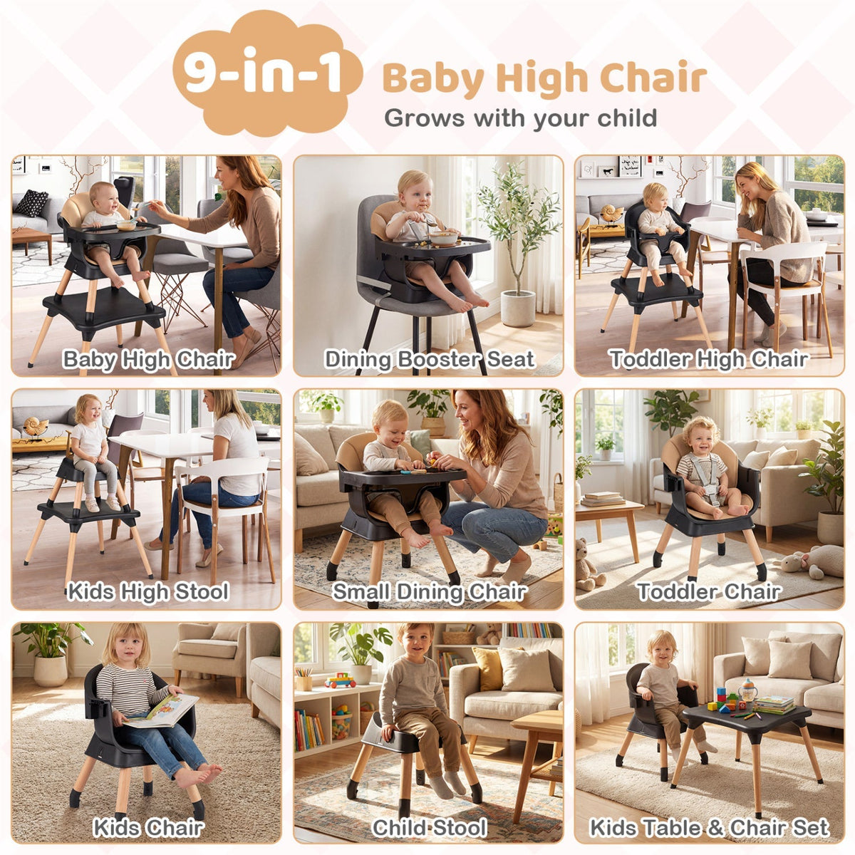 9-in-1 Convertible High Chair with Solid Wood Legs for Babies and Toddlers
