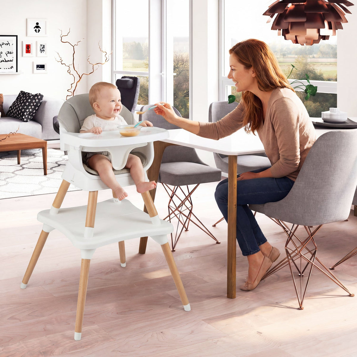 9-in-1 Convertible High Chair with Solid Wood Legs for Babies and Toddlers