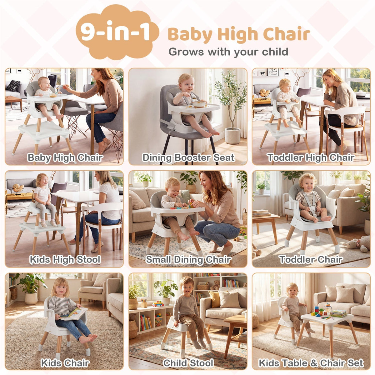 9-in-1 Convertible High Chair with Solid Wood Legs for Babies and Toddlers