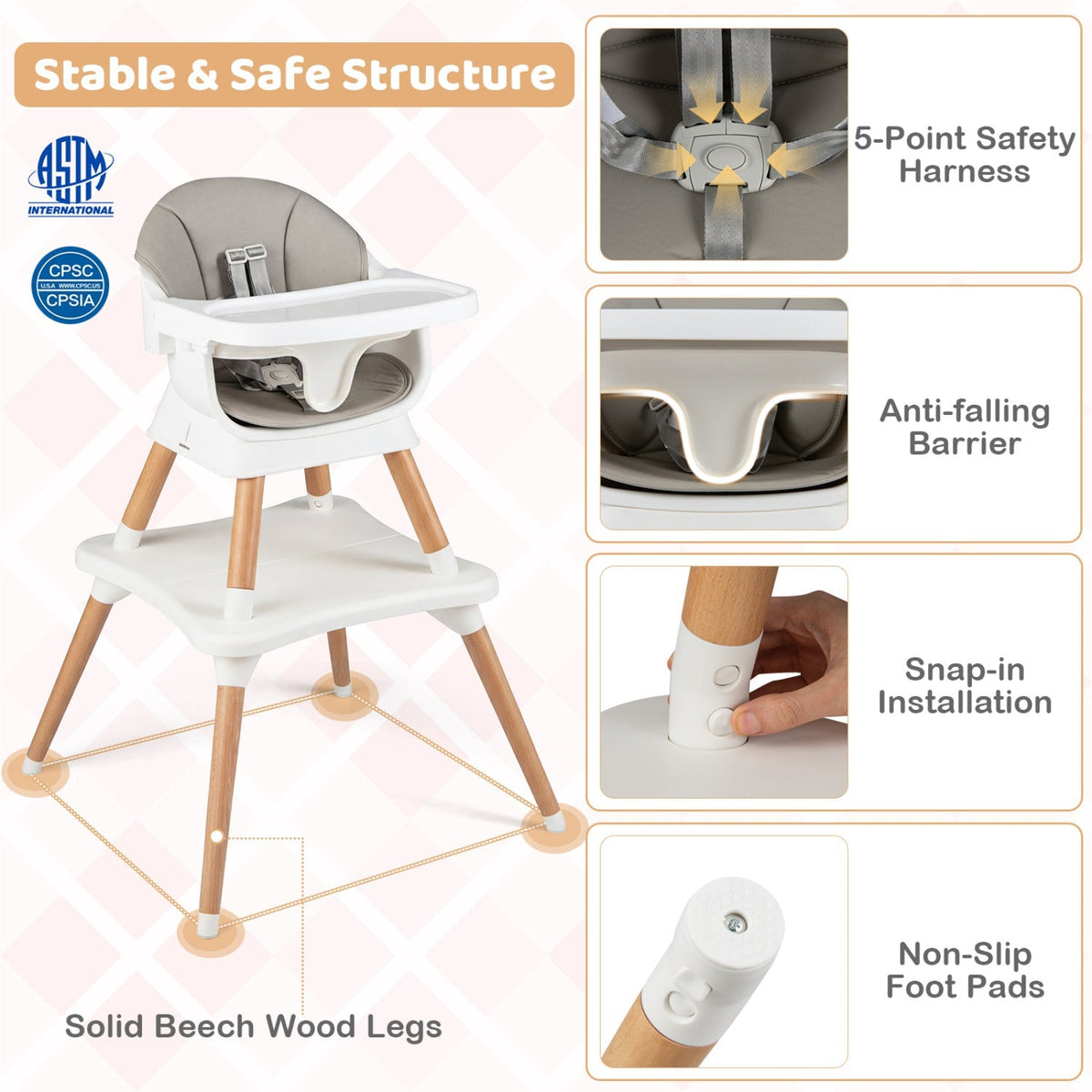 9-in-1 Convertible High Chair with Solid Wood Legs for Babies and Toddlers