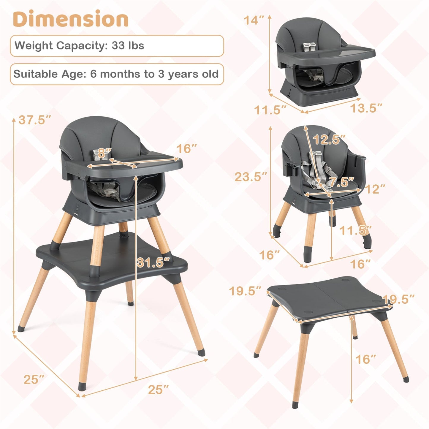 9-in-1 Convertible High Chair with Solid Wood Legs for Babies and Toddlers