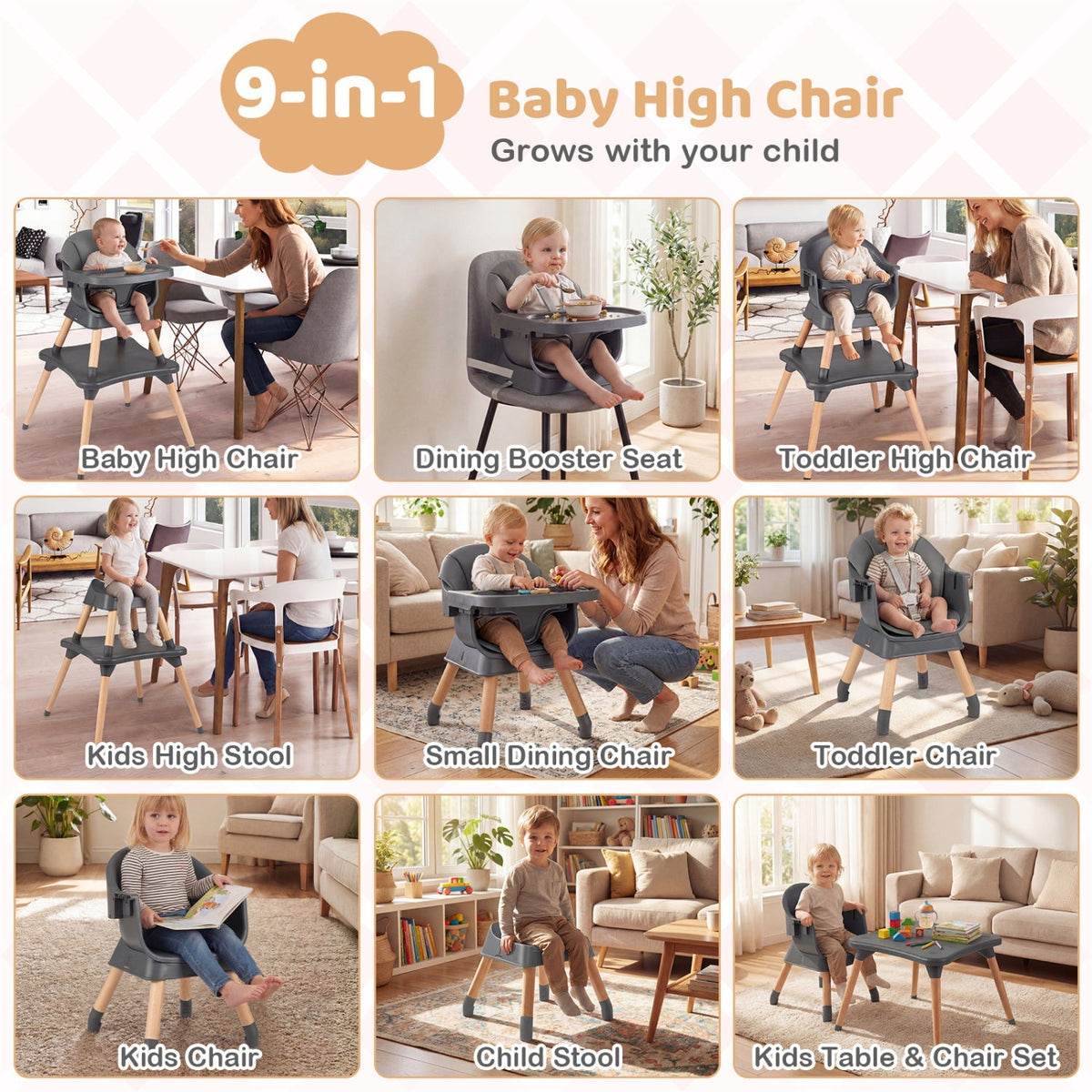 9-in-1 Convertible High Chair with Solid Wood Legs for Babies and Toddlers