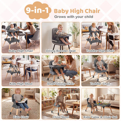 9-in-1 Convertible High Chair with Solid Wood Legs for Babies and Toddlers