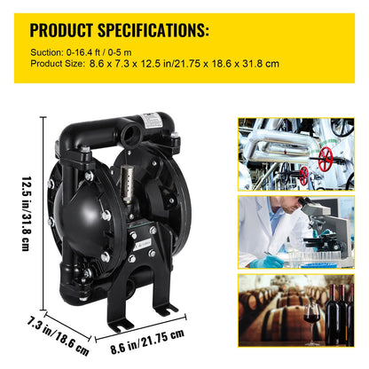 Air-Operated Double Diaphragm Pump 1 Inch Inlet Outlet Aluminum 35 GPM Max 120PSI