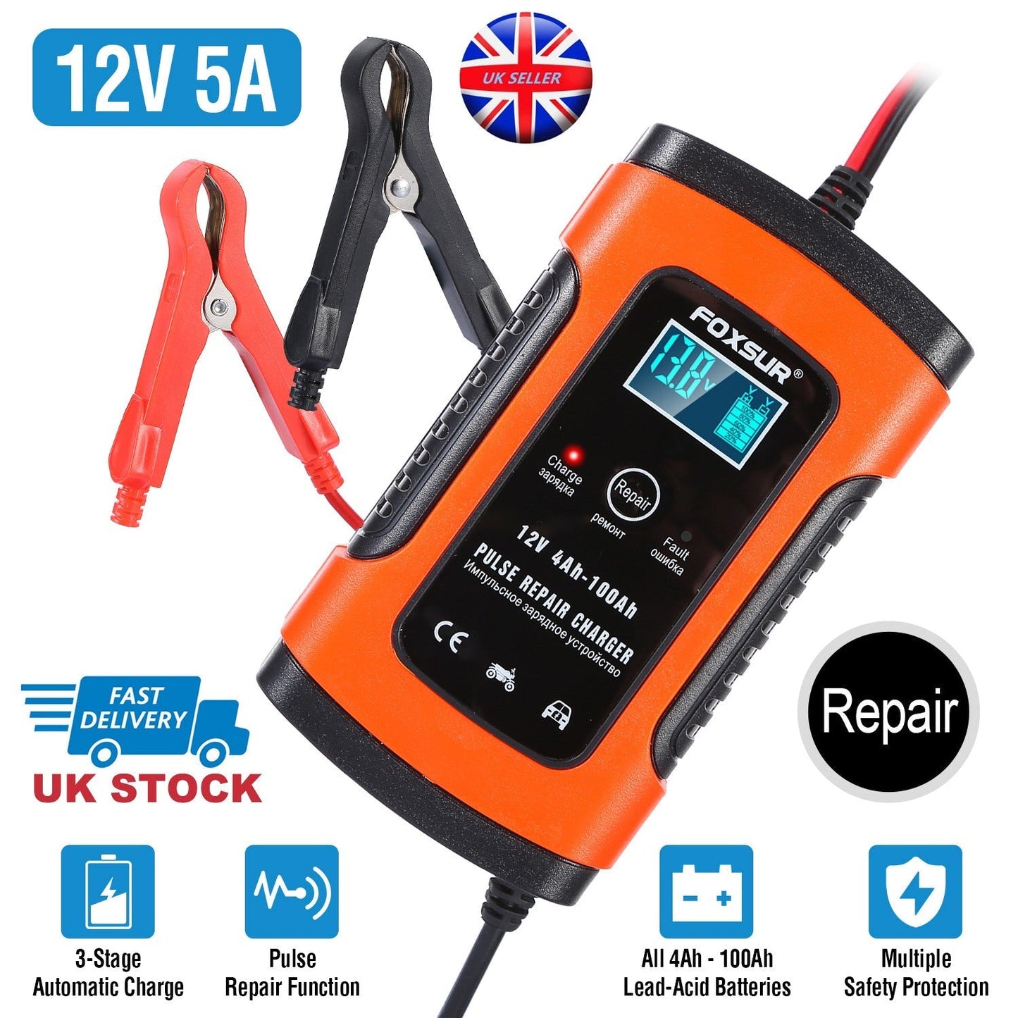 Car Battery Charger 12V 5A LCD Intelligent Auto Motorcycle Boat ATV Recover Pulse Repair