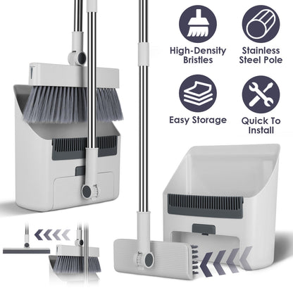 Broom And Dustpan Combo Set With Squeegee Stainless Steel Handle 4 In 1 Upright Standing Broom And Dust Pan For Indoor Outdoor Garage Kitchen Room Off