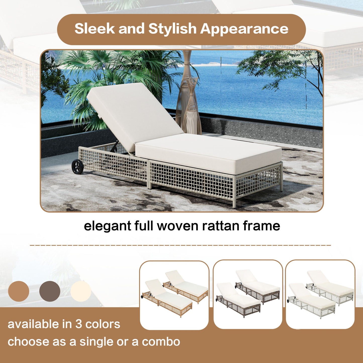 Outdoor Lounge Chair With 5 Position Backrest With Cushion And Wheels