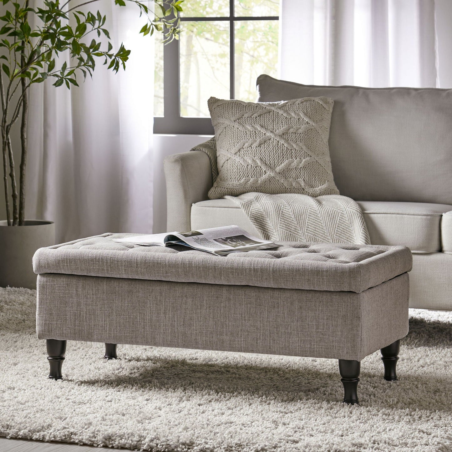 Dean Fabric Storage Wide Tufted Rectangle Ottoman - Gray