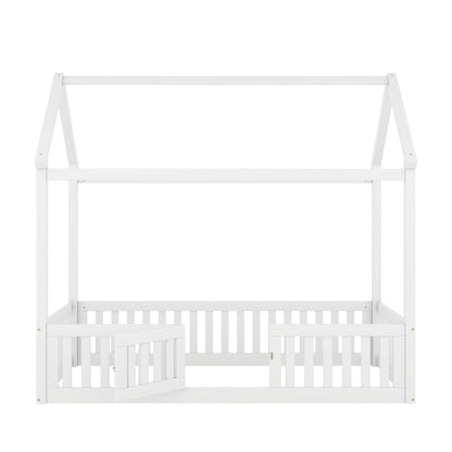 Wood House Bed With Fence And Door