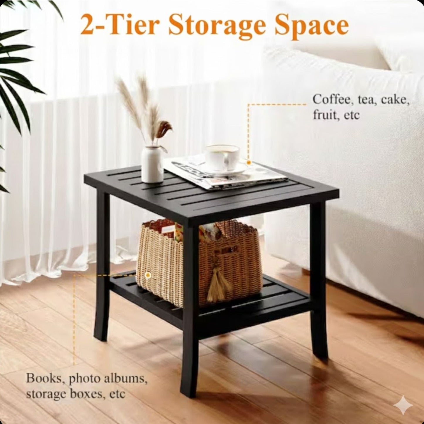 Square 2 Tier All-Weather Outdoor Side Table With Slatted Top