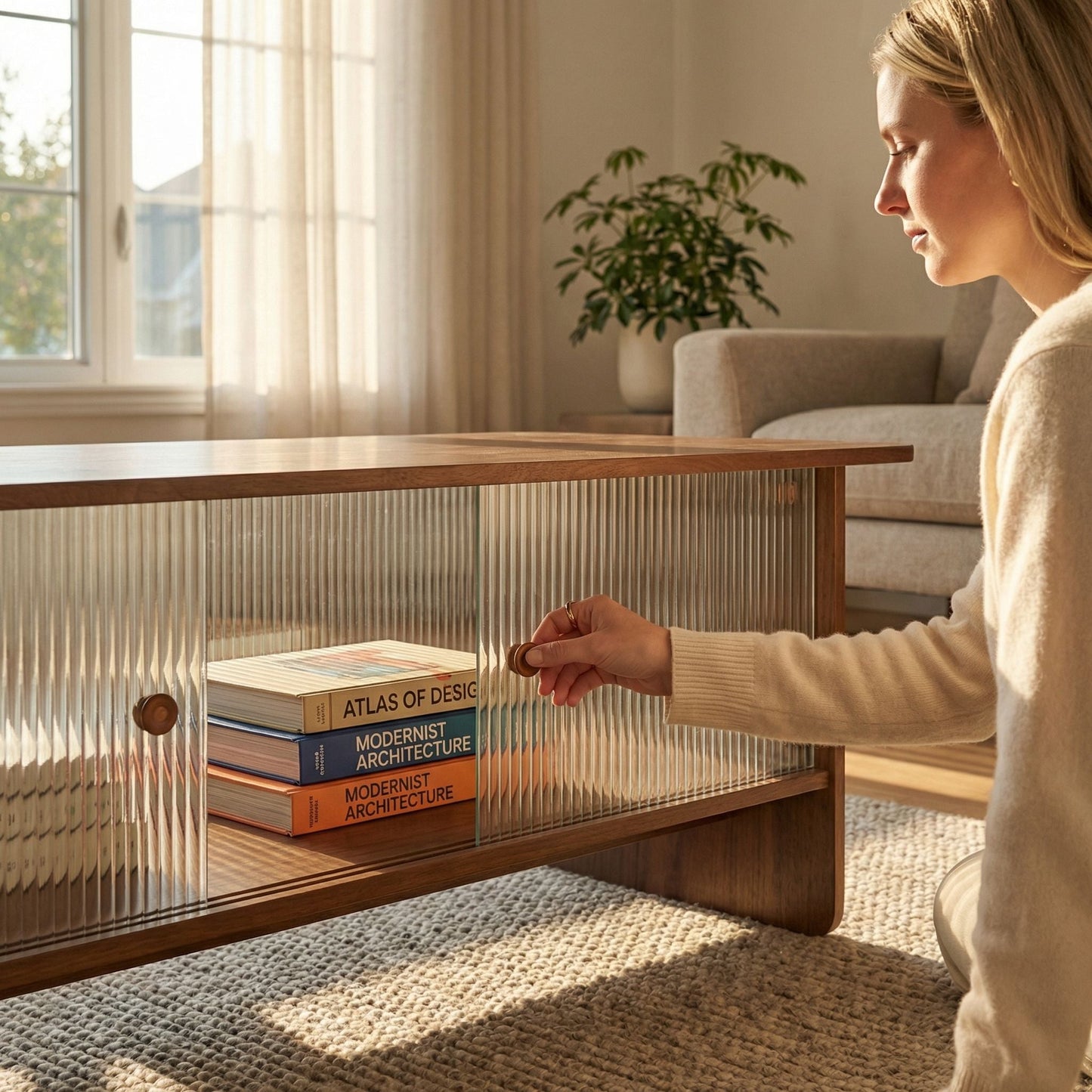 Rectangular Coffee Table With Sliding Door Storage Center