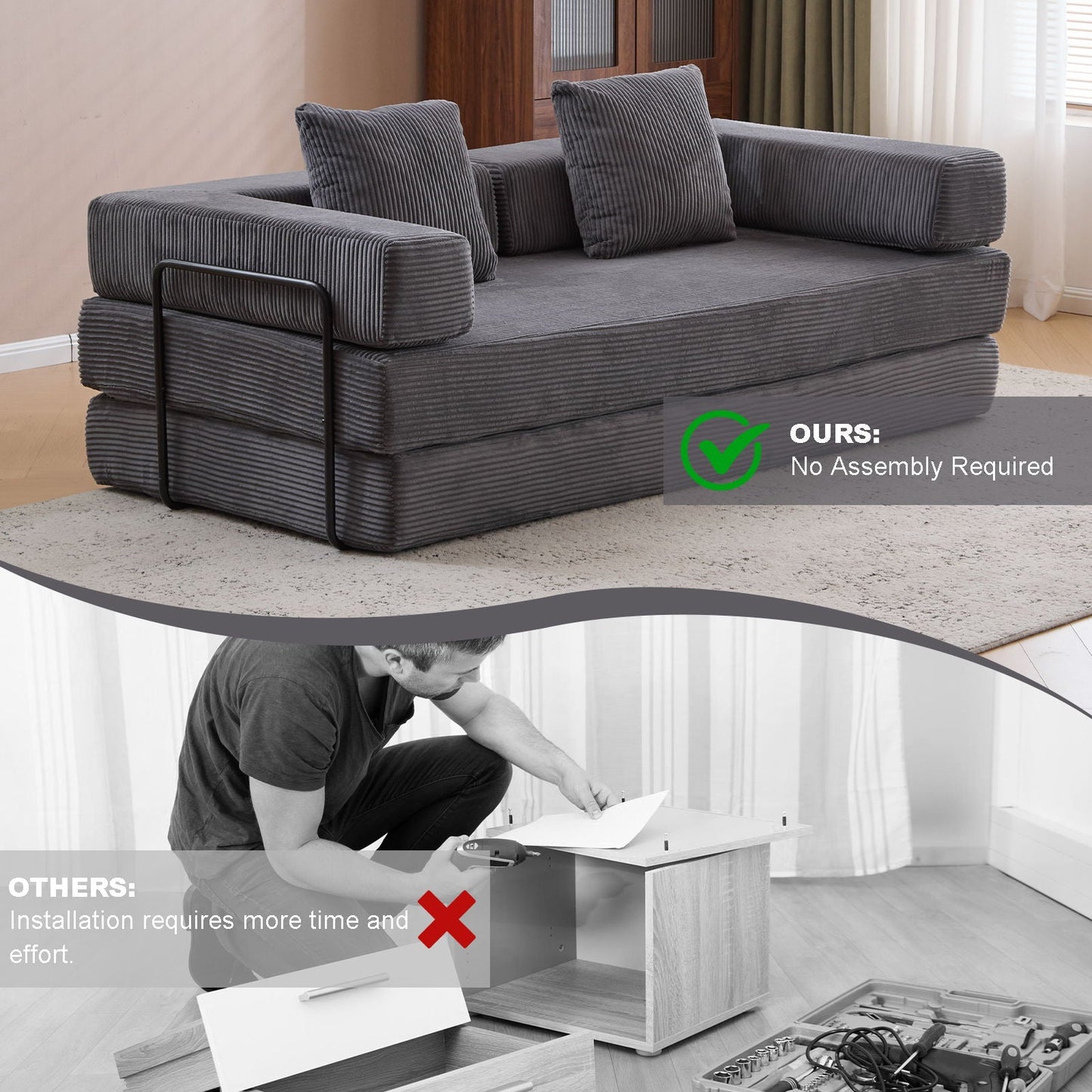 Floor Couch, Convertible Floor Sofa Bed With Pillow Back Support Armrest