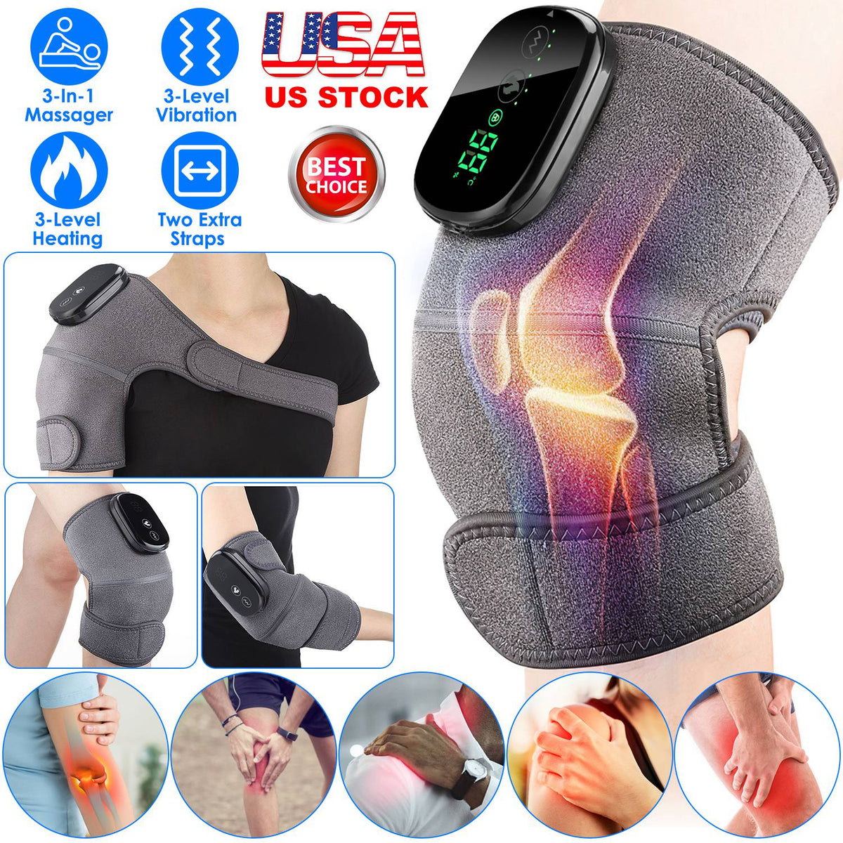 3-In-1 Heated Knee Massager Shoulder Heating Pads Elbow Brace withÊ3 Level Vibration and Heating Modes for Pain Stress Relief