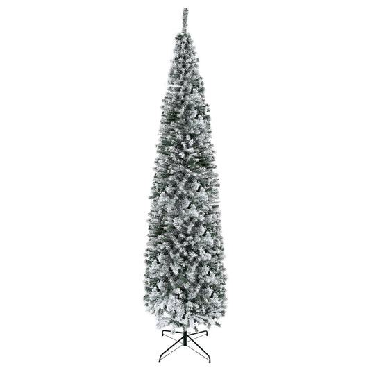 HOMCOM 9' Tall Unlit Snow-Flocked Slim Artificial Christmas Tree