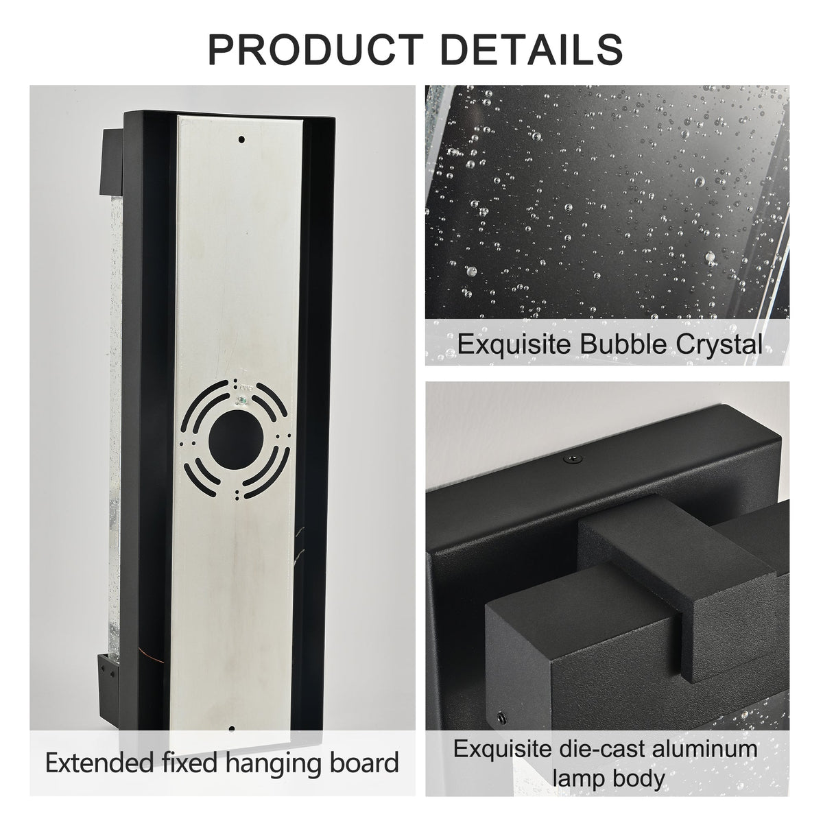 Black Aluminum Outdoor Wall Light with Bubble Crystal - Black