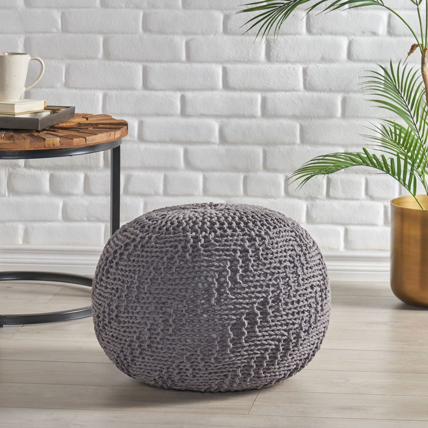 Hazel Modern Knitted Cotton Yarn Round Pouf - Dark Gray