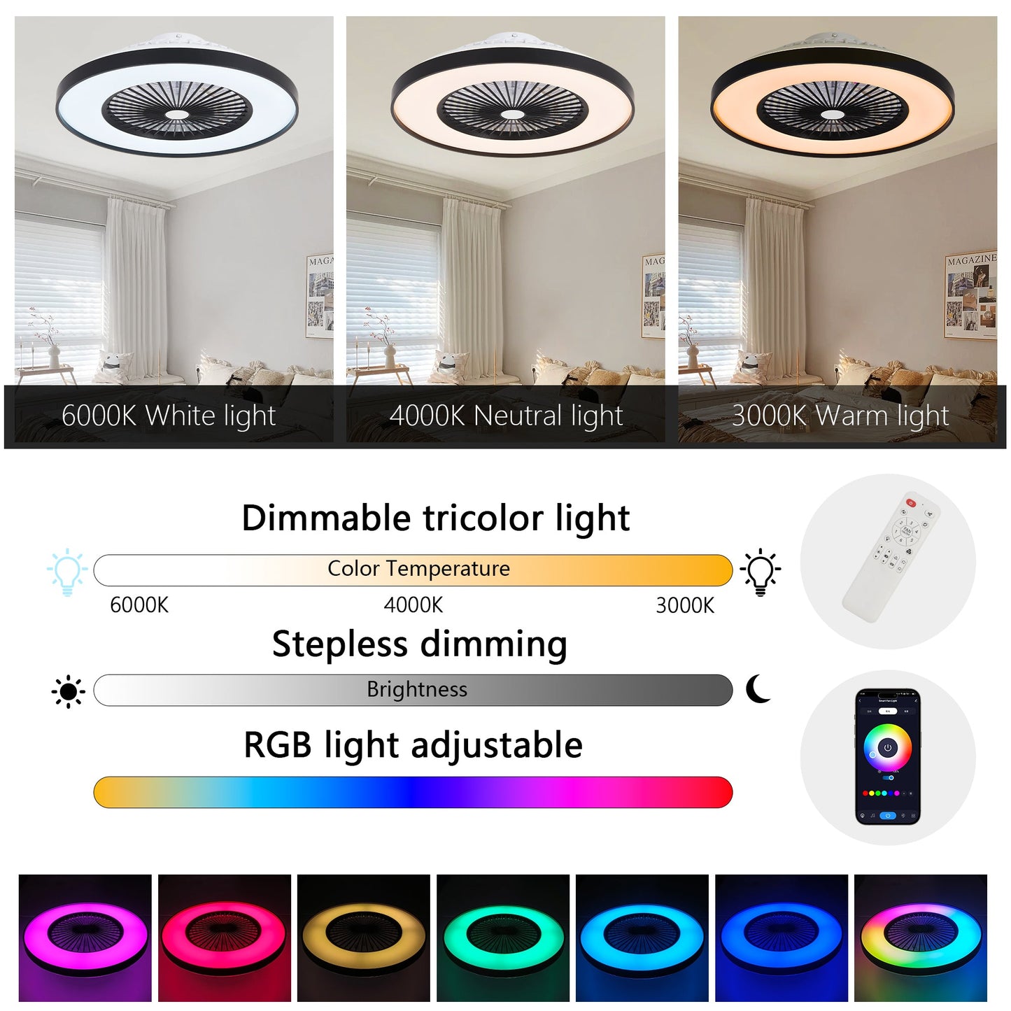 23-Inch Black and White Ceiling Fan Light with LED RGB