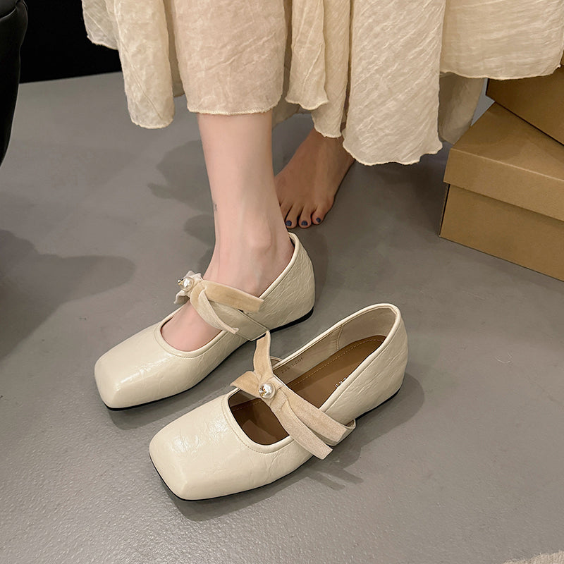 Korean Version Of Pearl Bow Single Shoes Women's Shoes 2026 Spring New Item With Increased Height Ballet Shoes French Mary Jane Shoes