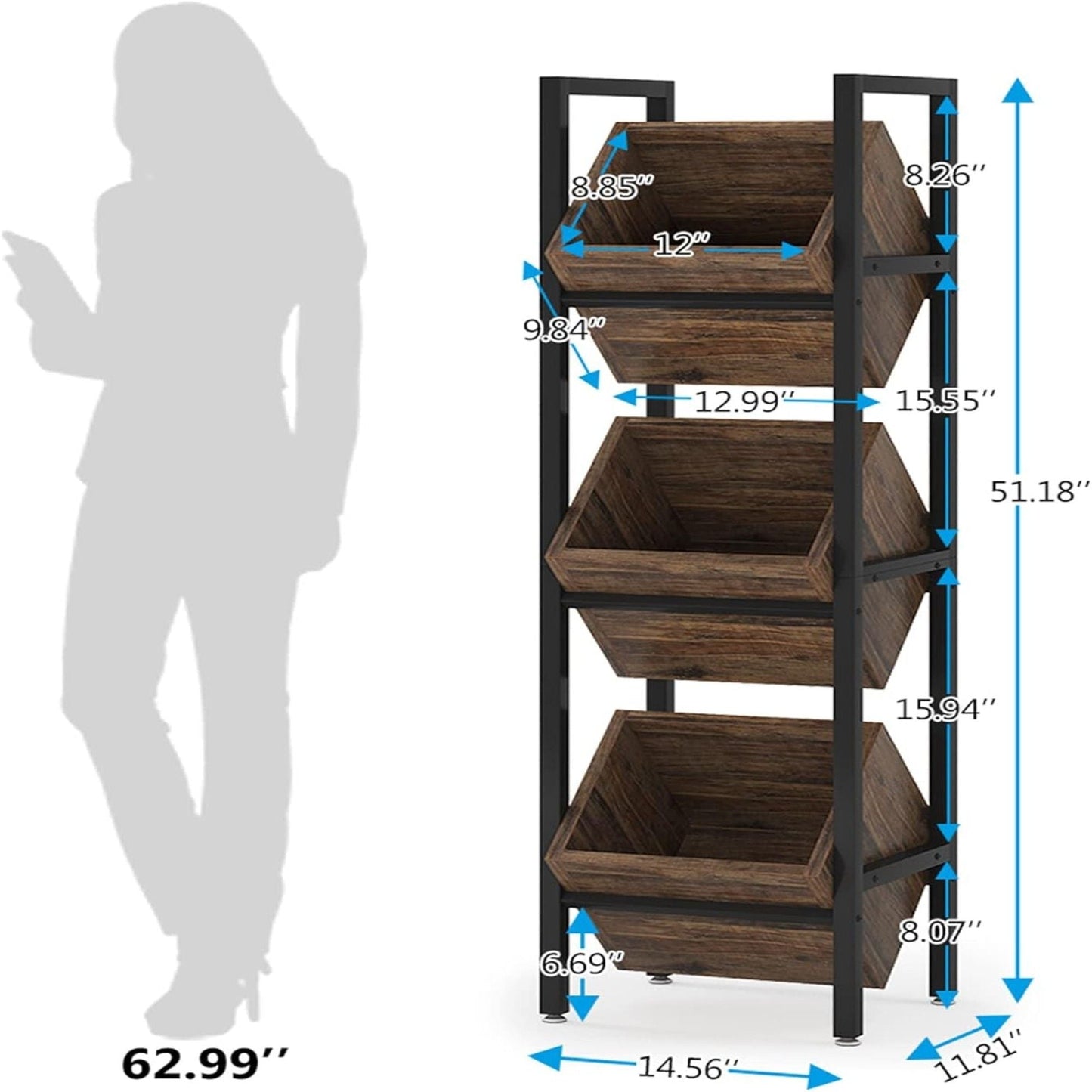 3 Tier Basket Stand With Angled Baskets, Vertical Storage Tower For Kitchen - Black