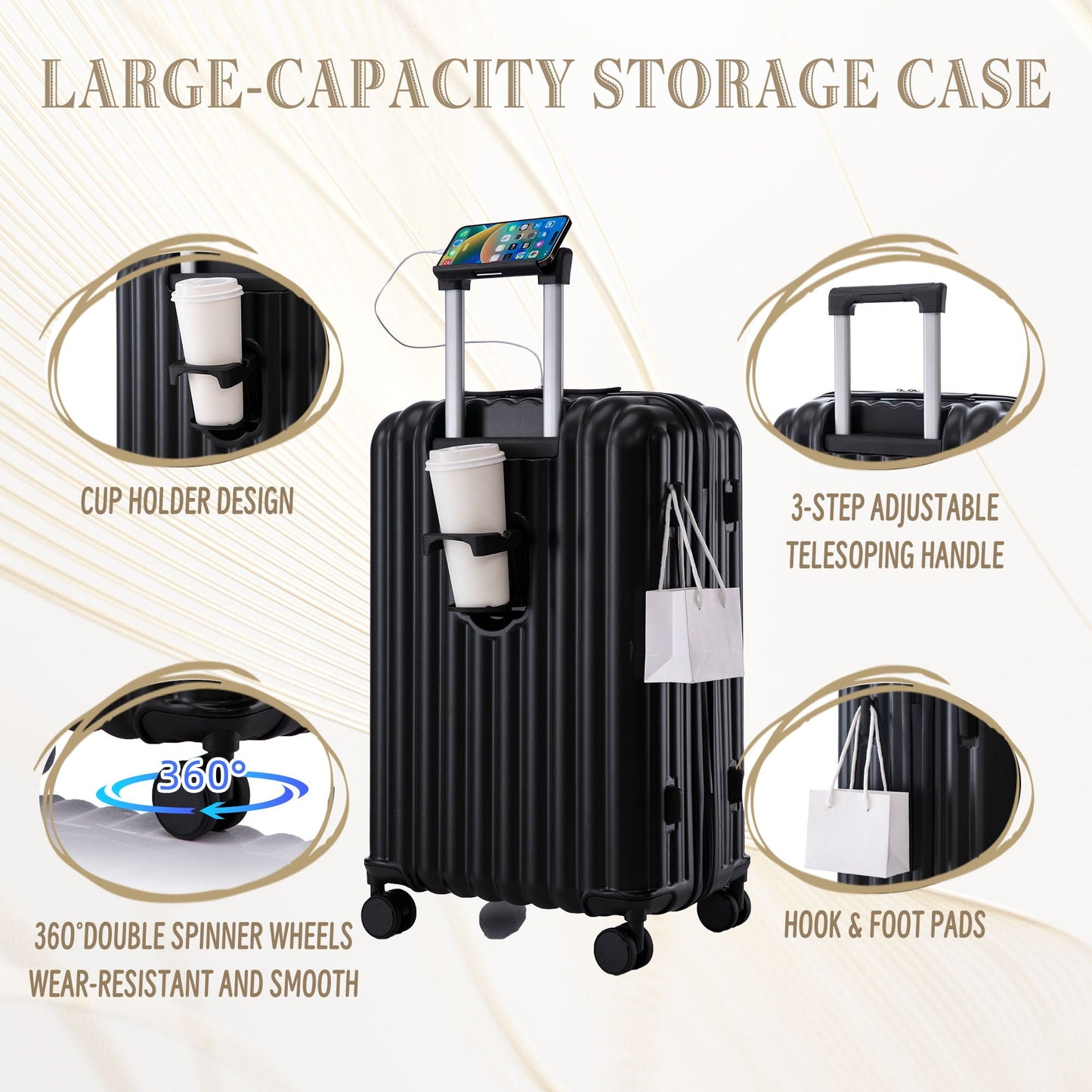 20" / 24" / 28" 3 Pieces / Set Spinner Wheel Luggage, Carry On Suitcase, With Cup Holder & USB Port & Phone Holder