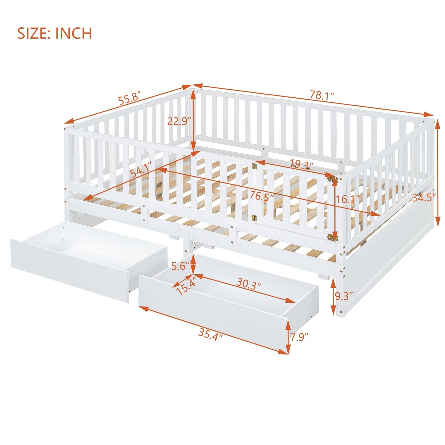 Daybed With Fence Guardrails And 2 Drawers, Split Into Independent Floor Bed & Daybed