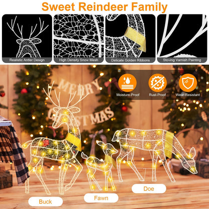 3 Sets of Reindeer Family Lighted 2D Christmas Deer Decoration Warm Yellow Light 3 Lighting Modes Buck Doe Fawn Indoor Outdoor Christmas Decoration