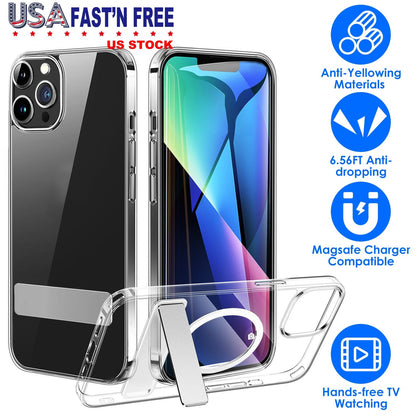Magnetic Metal Kickstand Clear Case Shockproof Anti Yellowing Phone Cover Compatible with Magsafe Fit for IOS Phone 14 Pro Max
