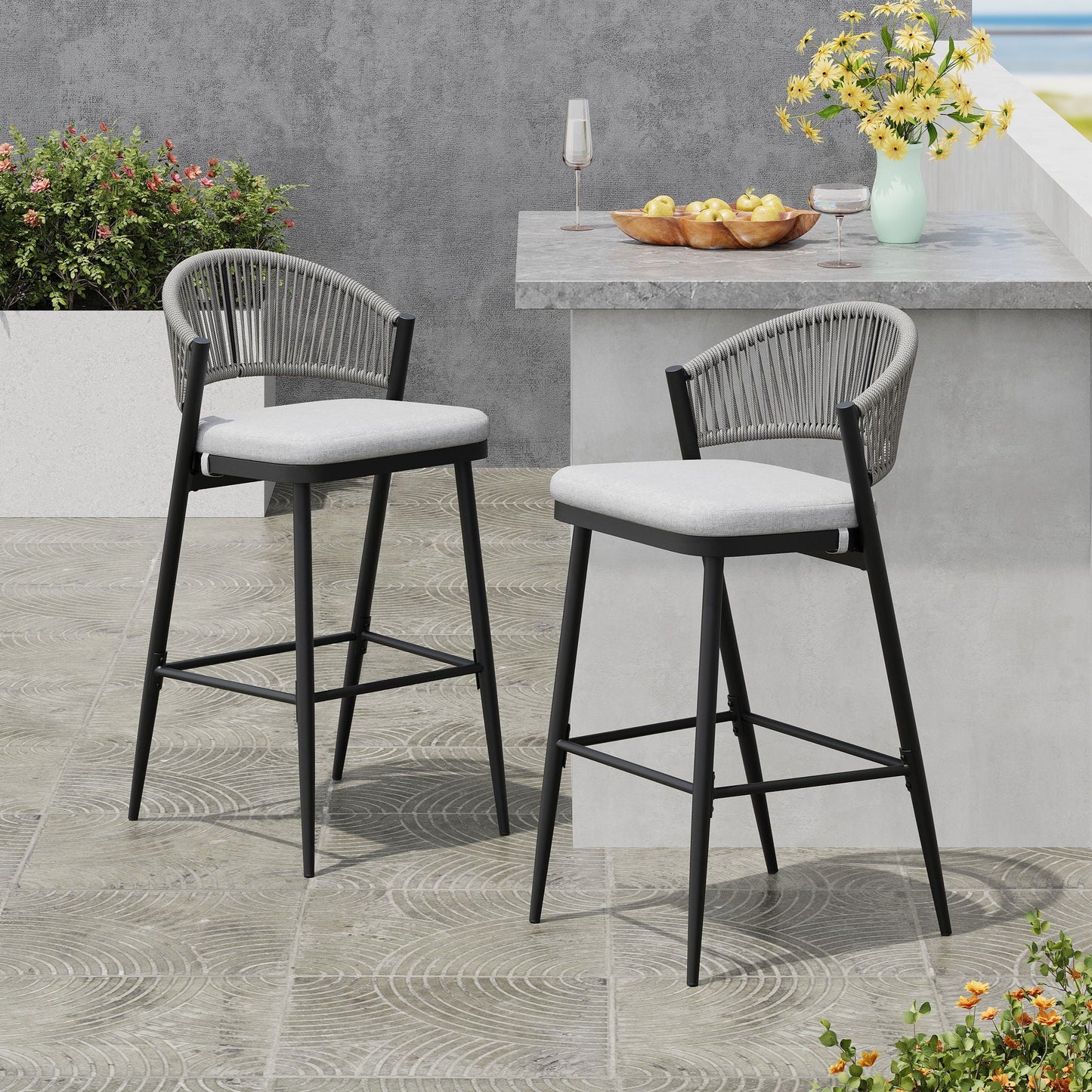 Outdoor Bar Height Metal Frame Counter Stools with Scallop-Shaped Backrest & Water-Resistant Cushions