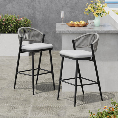 Outdoor Bar Height Metal Frame Counter Stools with Scallop-Shaped Backrest & Water-Resistant Cushions
