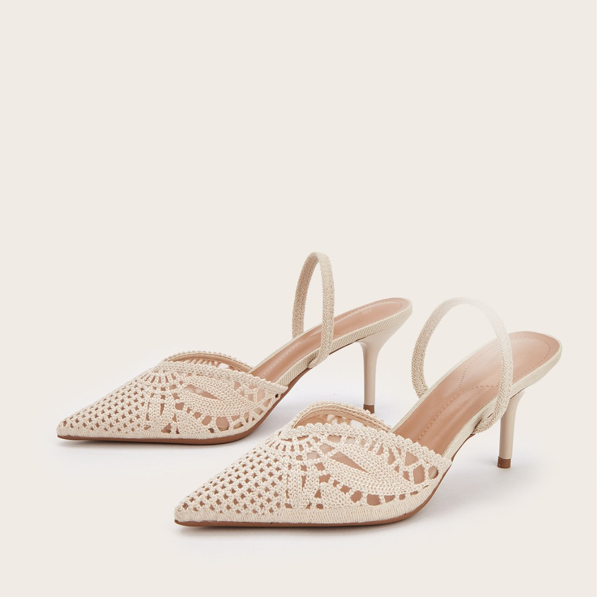 Women's French Style Knitted Cutout Pointed Toe Slingback Heeled Sandals - Elegant Casual Summer High Heel Shoes for Ladies