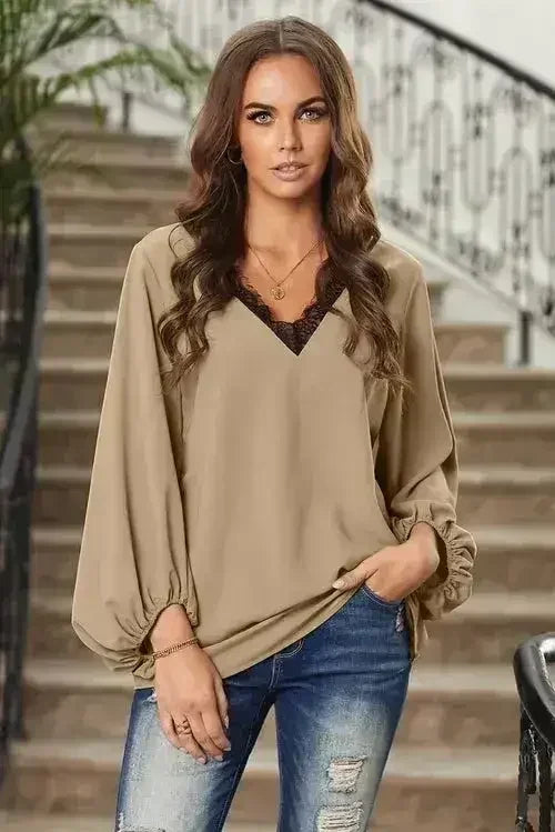 Lace V Neck Balloon Sleeves Top