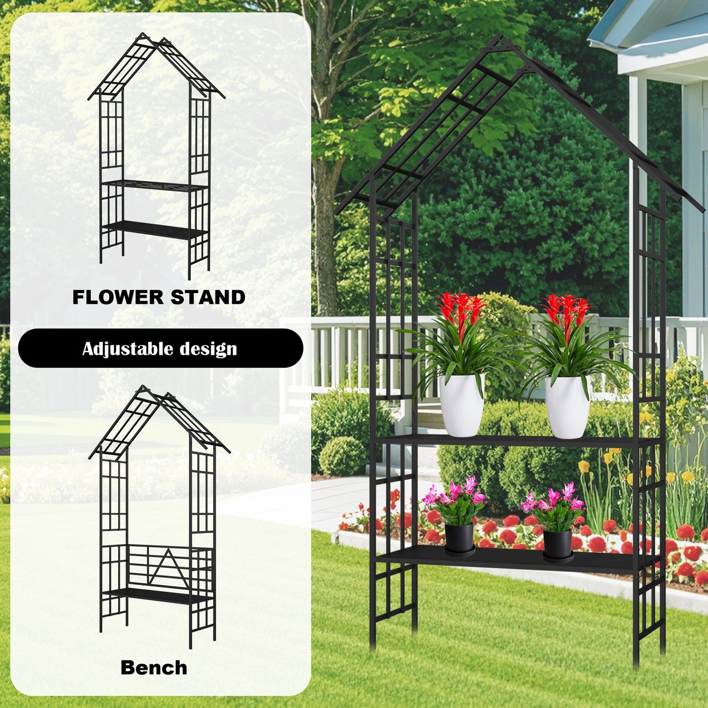 Metal Garden Arch with Bench Turned into Flower Stand