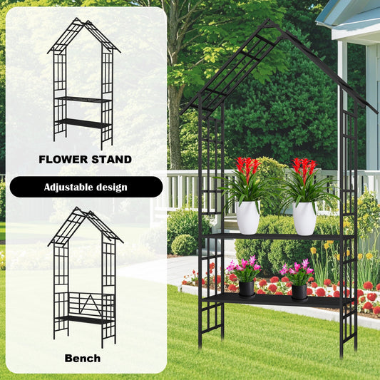 Metal Garden Arch with Bench Turned into Flower Stand