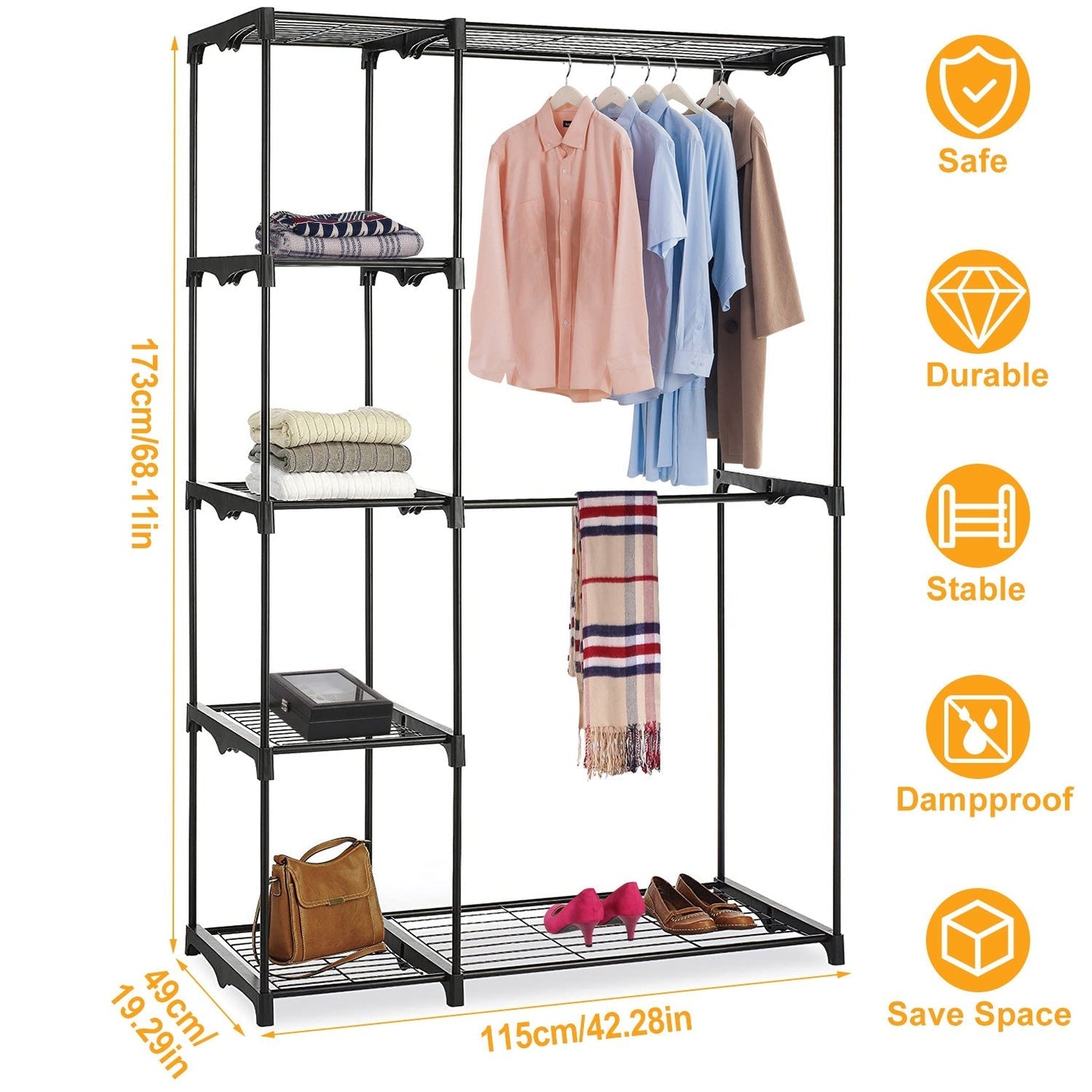 Metal Closet Deluxe Double Rod Freestanding Closet Clothes Storage Organizer Coat Storage Wardrobe Metal Shoes Storage Rack with 5-Tier Wire Shelving