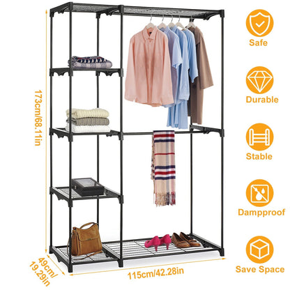 Metal Closet Deluxe Double Rod Freestanding Closet Clothes Storage Organizer Coat Storage Wardrobe Metal Shoes Storage Rack with 5-Tier Wire Shelving