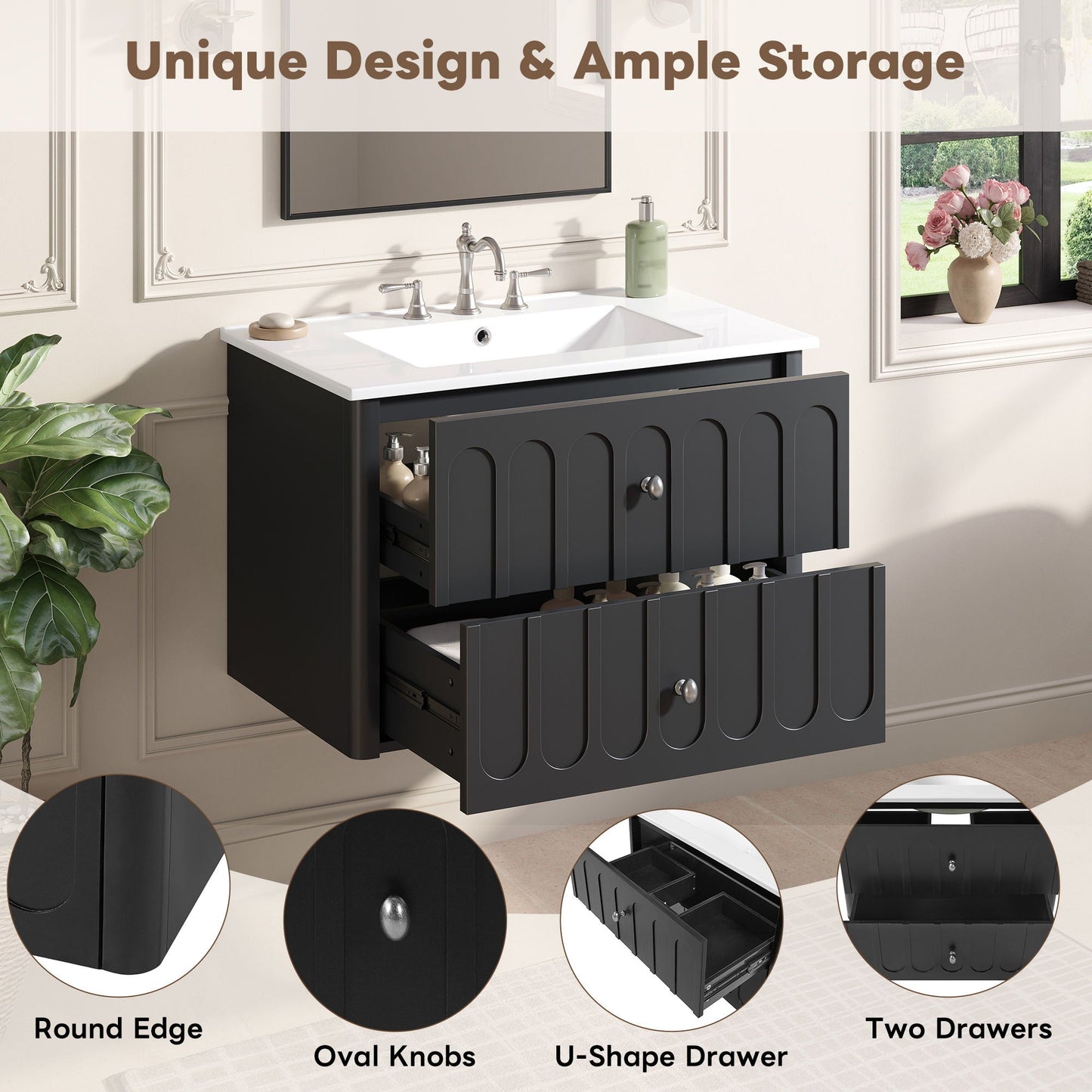Floating Bathroom Vanity With Oval Knobs & Round Edge, Soft Close Drawer Slides