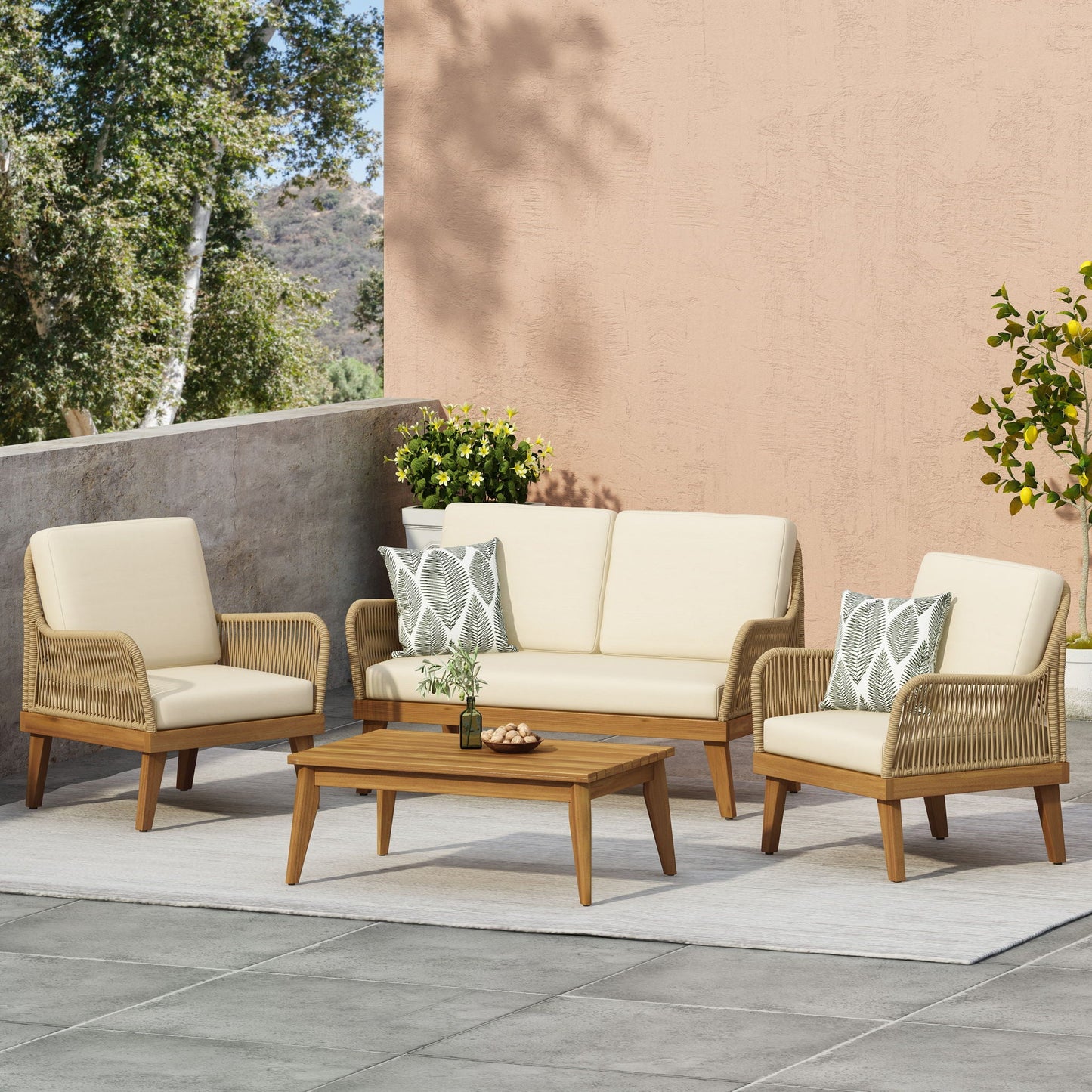 Hueber Outdoor And Rope 4 Seater Chat Set With Cushions - Teak