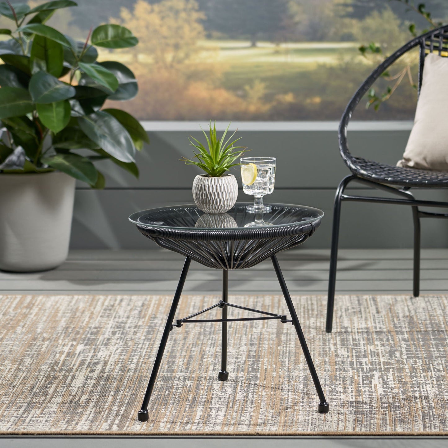 Nusa Modern Rattan Side Table With Tempered Glass Top