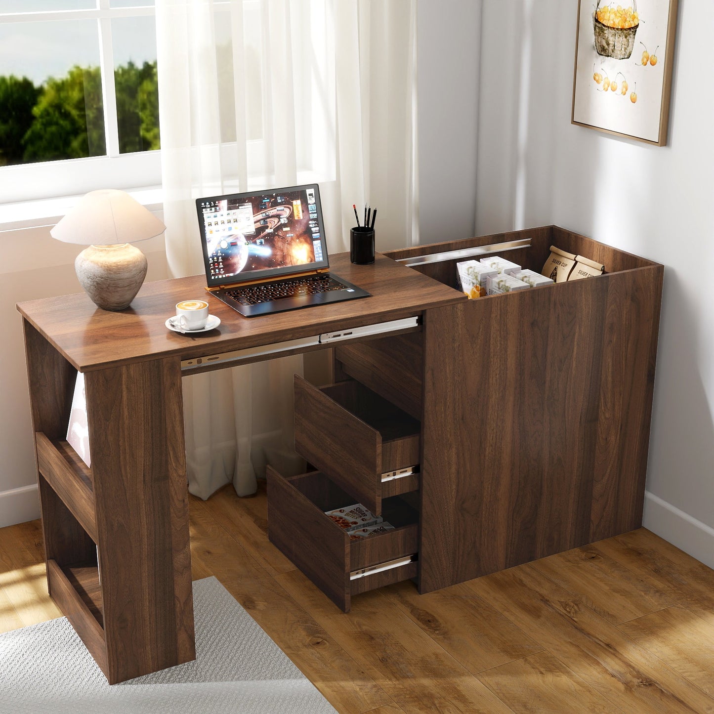 Computer Desk with Drawers, Modern Corner Home Office Storage with Extendable Table