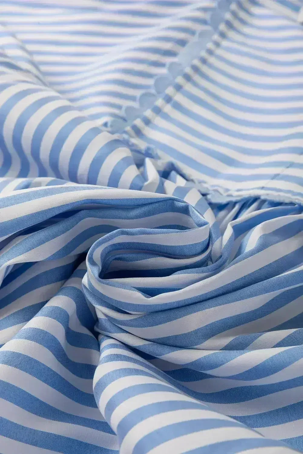 Sky Blue Striped Ric Rac Trim Collared V Neck Blouse